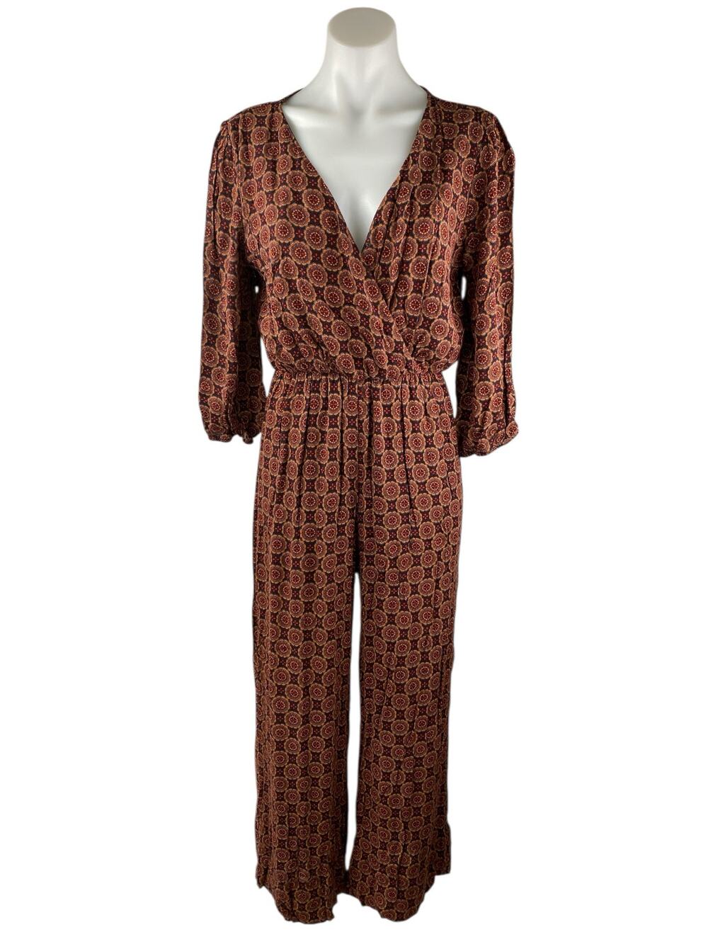 Blue Rain Multicolor Floral V Neck Faux Wrap Long Sleeve Wide Leg Jumpsuit Sz M
